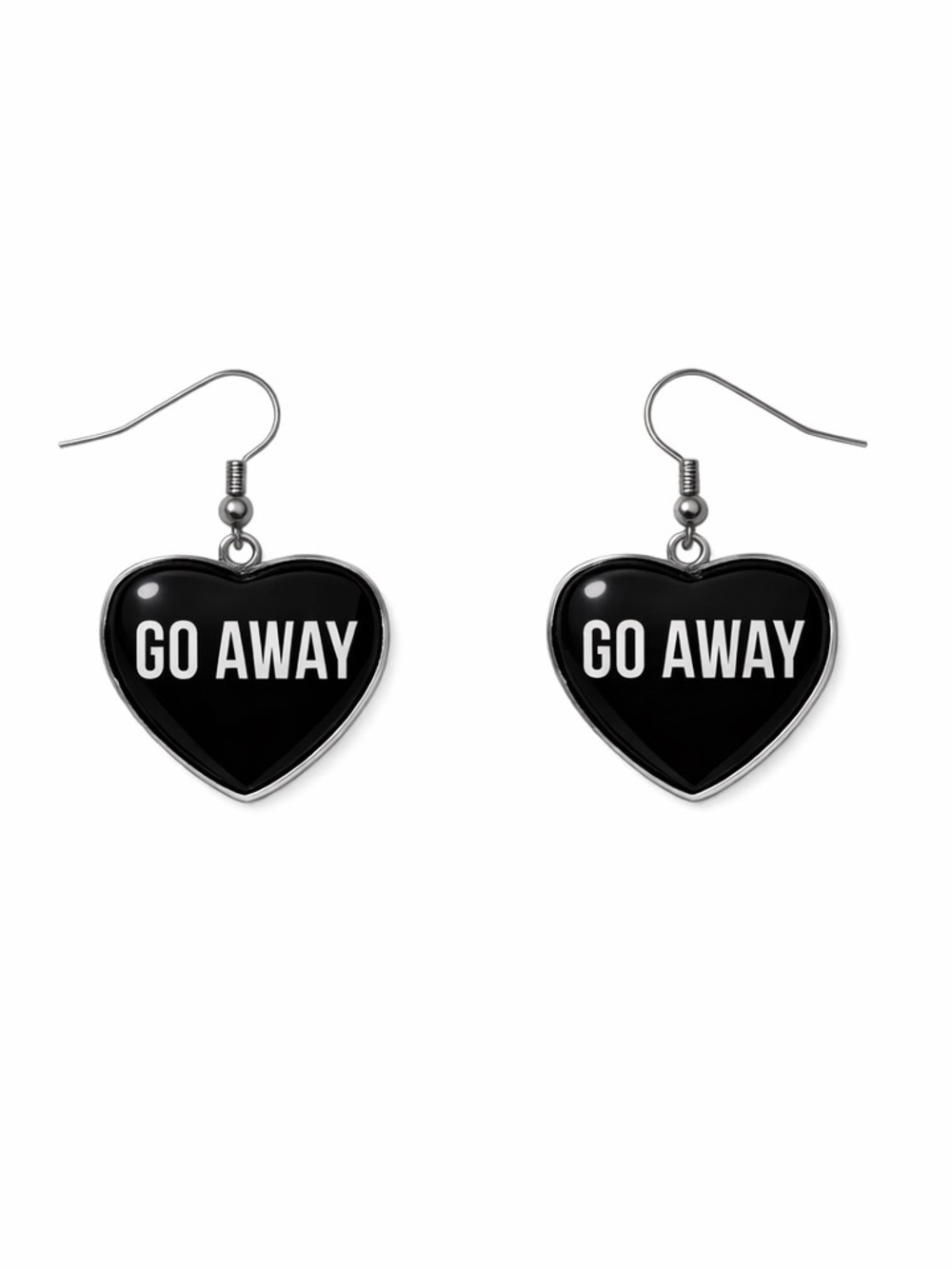 5/$25 Bold "Go Away" Dangle Black Heart Earrings
